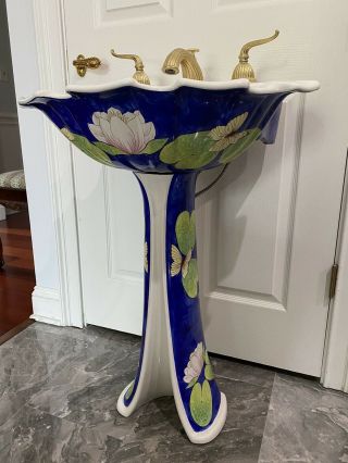 Sherle Wagner,  Exquisite,  Hand Painted Pedestal Sink In Deep Royal Blue.