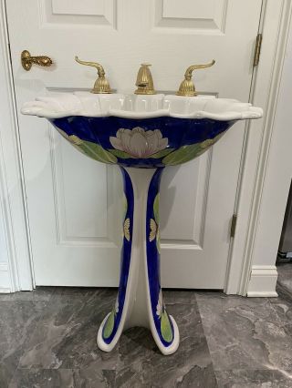 Sherle Wagner,  exquisite,  hand painted pedestal sink in deep royal blue. 2