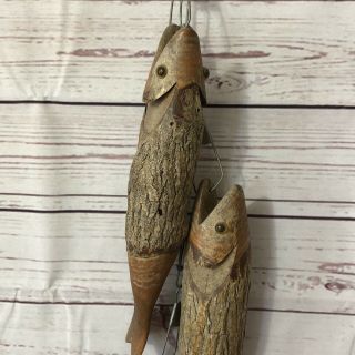 Vtg Hand Carved Set Of 3 Wood Fish On Metal Stringer 11.  5” Fishing Cabin Decor 3