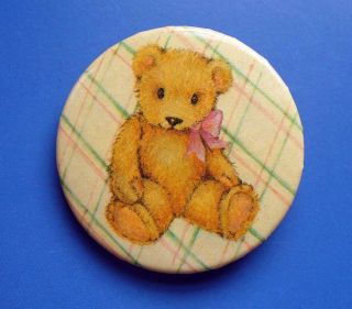 Hallmark Button Pin Vintage Teddy Bear Plush Tan Sitting Plaid Mini Pinback Rare