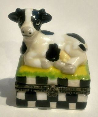 Vintage Black White Cow Hand Painted Porcelain Hinged Trinket Box