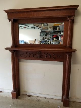 Antique Victorian Oak Wood Fireplace Mantle With Mirror