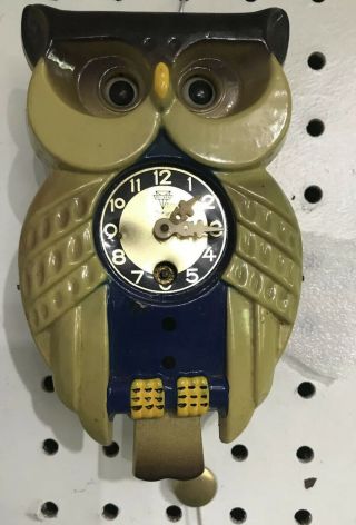 Vintage Japanese " Mi - Ken " Professor Owl Moving Eye Animated Novelty Clock
