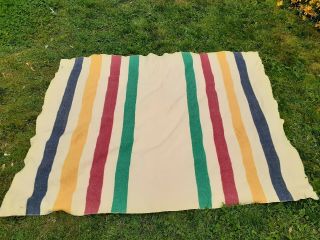 Vintage Wool Blanket Cream With Multi - Color Stripes 60 " X 79 " Pendleton Hudson