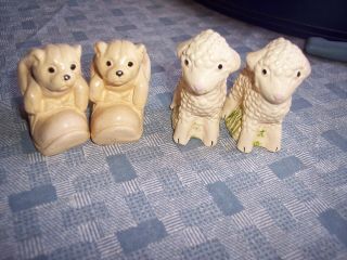 2 Pairs Of Vintage Chalkware Salt Pepper Shakers Baby Lambs & Dog In Boot