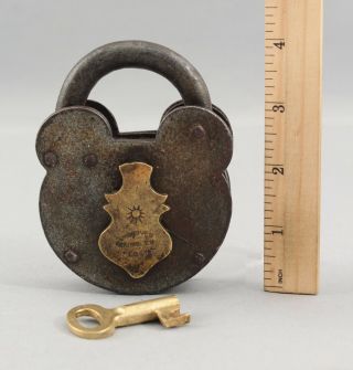 Large 19thc Antique Iron & Brass English Padlock Improved Tumbler Lock W/key