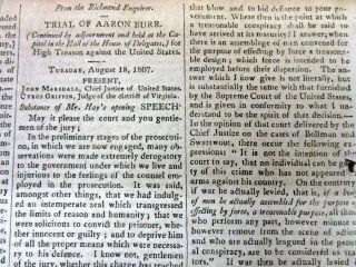 1807 newspaper TRIAL OF Vice President AARON BURR for TREASON Hamilton Murderer 3