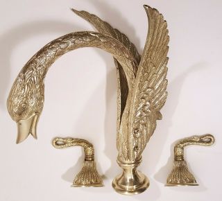 Vintage Phylrich Swan Faucet Brass Gold Sink Deck Tub Fixture W/ Handles
