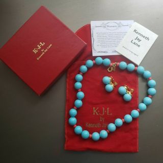 Vintage Kjl Kenneth Jay Lane Turquoise Coral Colored Necklace Earring Set Boxed