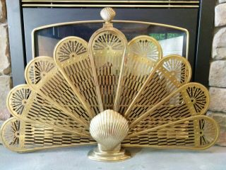 Vintage Brass Peacock Fireplace Screen Cover Clam Shell Folding Fan Art Deco