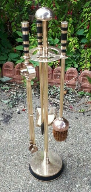 Antique Arts & Crafts Solid Brass & Copper Compendium Fire Irons 58 Cms Tall