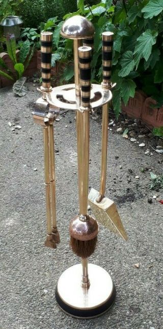 Antique Arts & Crafts Solid Brass & Copper Compendium Fire Irons 58 cms Tall 3