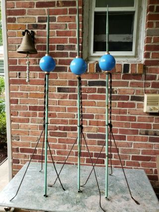 Antique Lightning Rods Set Of (3) Blue Glas Balls