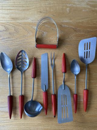 9 Vtg Androck Red Bakelite Bullet Kitchen Utensils - Spatulas Fork Spoons Ladle