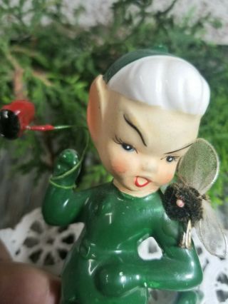Repaired Creepy Elf Fairy Figurine - Stamped Japan - Bee On Shoulder - Ladybug