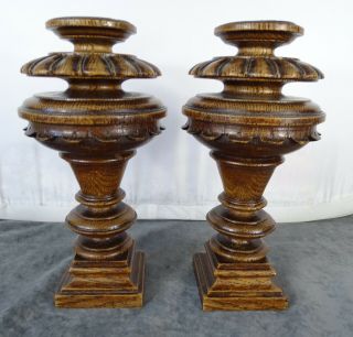 9.  25 " T - Pair Antique French Carved Oak Wood Posts - Pillars - Columns - Balusters