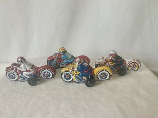 Vintage Tin Toy Motorcycle Riders 77 - 11 - 14 And Mp Made In Japan