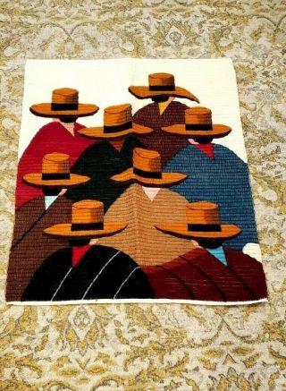Vtg Mexican Art Rug Tapestry Wall Hanging 100 Wool? Men In Sombreros In Serape