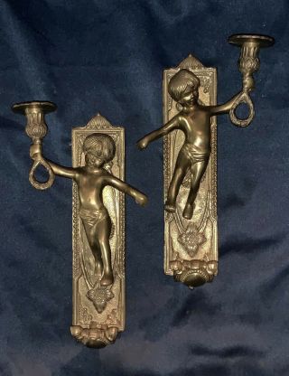 Vintage 12” French Art Nouveau Solid Brass Cherubs Candle Wall Sconces