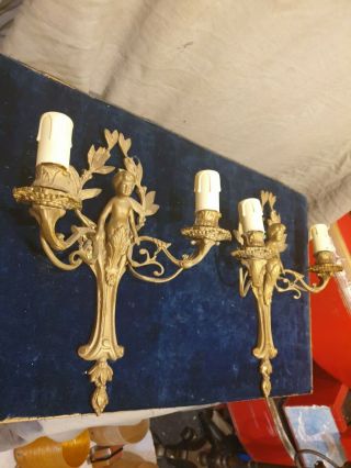 2 Antique 19th Century Converted Solid Brass 2 Arm Cherub Wall Light Sconces