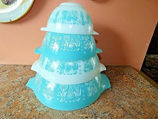 Vintage Pyrex Amish Butterprint Cinderella 2 Mixing Bowl Nesting Set Turquoise W