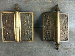 Matched Antique Victorian Brass Door Hinges 5 X 5 1/8 Fancy Design