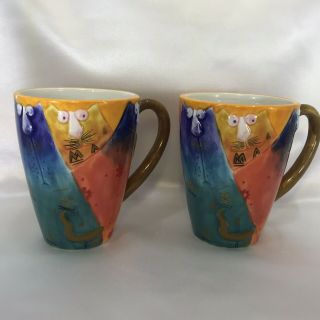 Studio Designworks Joy Cats Handpainted Set Of 2 Coffee Cup/mug Big Eyes Cats