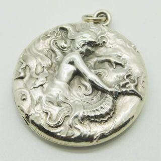 Antique Art Nouveau Sterling Silver Repousse Mermaid Locket Pendant