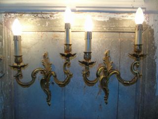 French A Gorgeous Vintage Patina Gold Bronze Wall Light Sconces