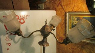 Antique 3 Arm Brass Chandelier & 3 Art Nouveau Shades