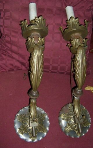 Large Over The Top Early Electric Ornate Wall Sconces,  Brass And Wood