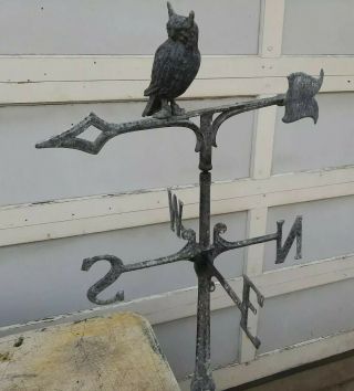 Old Horned Owl Weathervane Cast Aluminum - Owl Perched On Lightning Rod Arrow