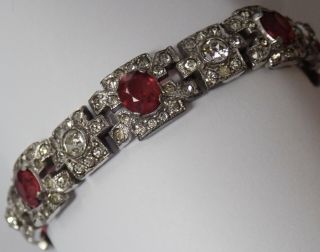 Vintage Art Deco Ktf Trifari Rhodium Plate Ruby Red Crystal Rhinestone Bracelet