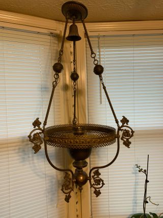 Antique John Scott England Ornate Brass Hanging Lamp Frame Ceiling Light Fixture