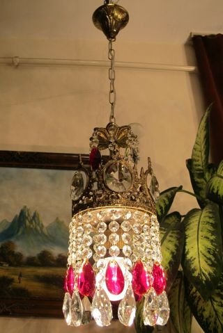 Antique Vnt.  French Prety Basket Style Crystal Chandelier Light Lamp 1940 