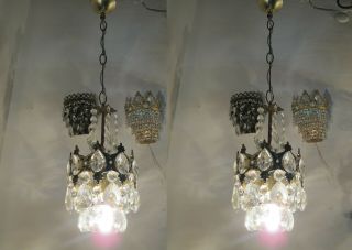 A Pair Antique Vintage Basket Style Crystal Chandelier Lamp Light 1940s 6,  8 In D