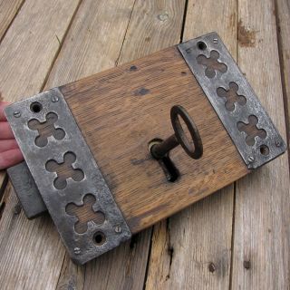 Antique Oak / Wood And Iron Rim Door Lock With Key