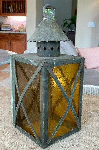 Old Arts & Crafts Brass & Amber Glass Wall Mount Light Fixture Lantern Mission