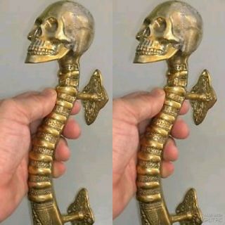 2 Medium Skull Handle Door Pull Spine Solid Brass Old Style Natural 28cm B