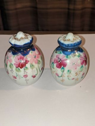 Hand Painted Porcelain Salt & Pepper Shakers.  Flowers Blue White Pink Japan Rare