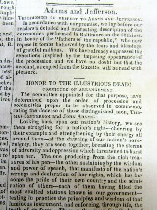 1826 Newspaper Death Of Thomas Jefferson John Adams Public Of Monticello