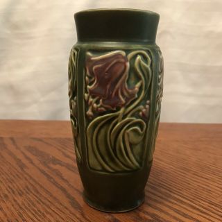 Ceramic Vase With Floral Design Green With Violet Flowers DÉcor 6 " Tall