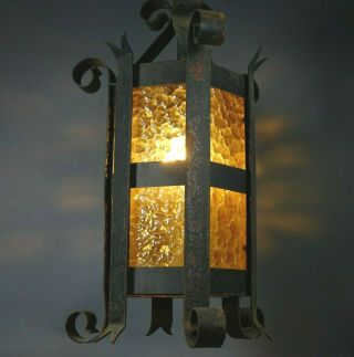 Wrought Iron Spanish Revival Gothic Amber Slag Glass Hanging Swag Light Lamp 2ft