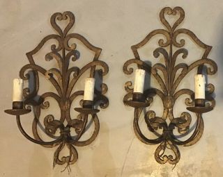 Pair Vintage Wrought Iron Wall Sconces Electric Candle Spanish Revival Rustic