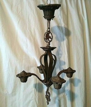 Antique Victorian Art Deco 4 Arm Brass Chandelier Ornate Riddle 1900s Usa Made