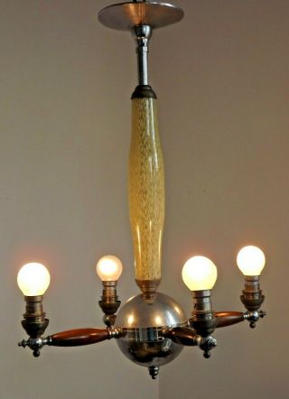 Modernist Style French Art Deco 4 Light Chandelier In Glass Metal & Wood 2237