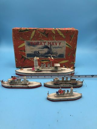 Wooden Great Navy Toy Battleships X 4 Made In Japan W/ Box Pre War