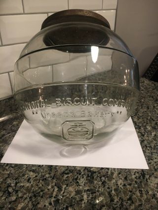 Vintage Early Embossed Glass National Biscuit Company Jar W/ Lid,  Nabisco