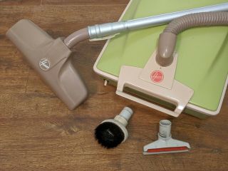 Vintage Hoover Green & Mauve Model 2001 Canister Vacuum Cleaner w/ Attachments 2
