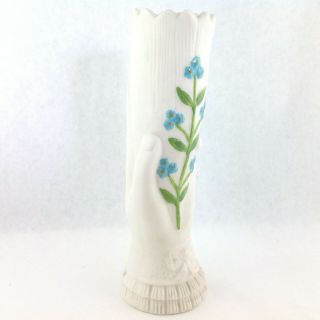 White Ceramic Hand Holding A Flower Vase With Blue Flowers 7.  5 " Tall